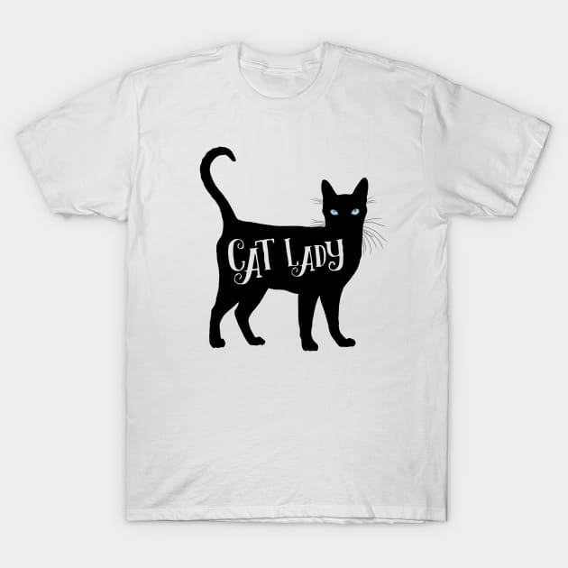 Cat Lady in Black Cat Silhouette Blue Eyes T-Shirt by CarleahUnique